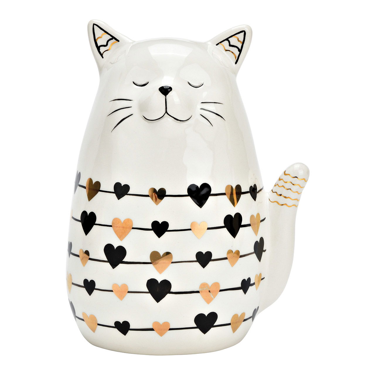 Cat with heart decoration made of ceramic white, black, gold (W/H/D) 14x19x11cm