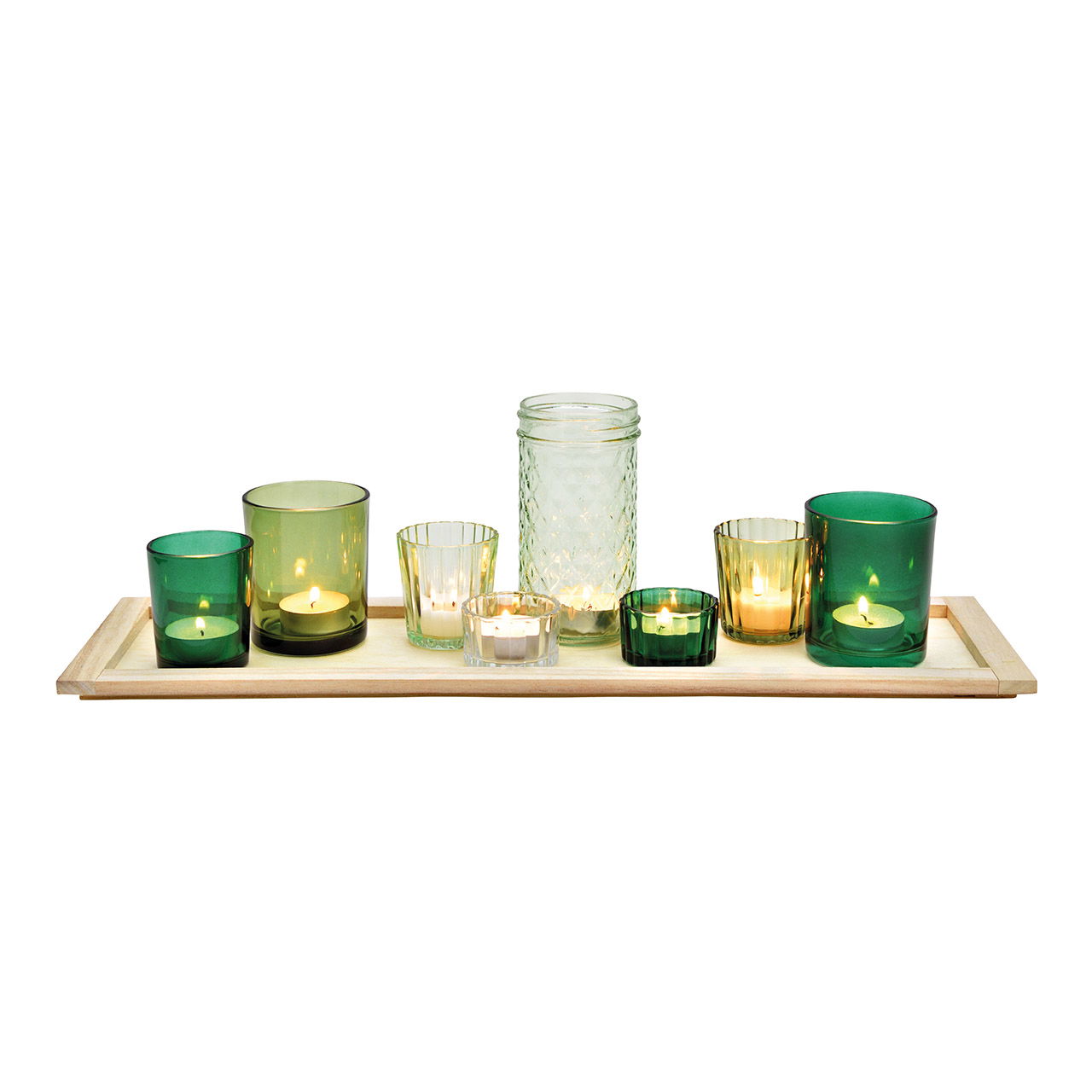 Photophore en verre Vert Set de 9, 8x photophores sur plateau en bois (L/H/P) 50x15x15cm