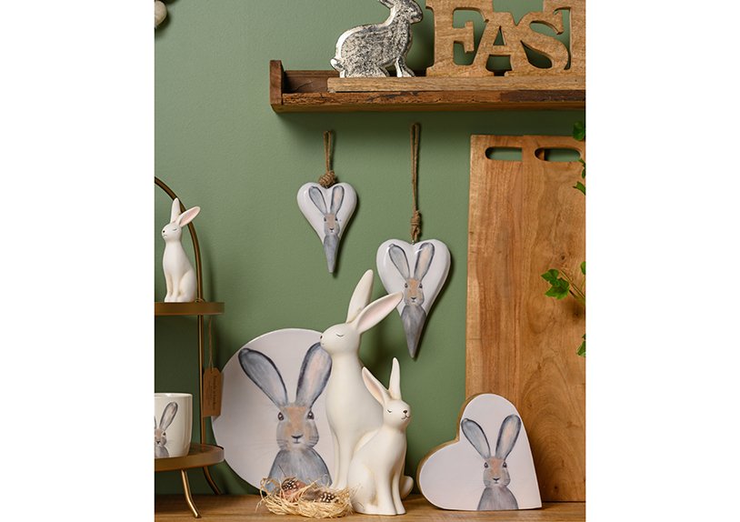 Hart konijn decor gemaakt van mangohout met emaille lak wit, grijs (B/H/D) 14x13x4cm