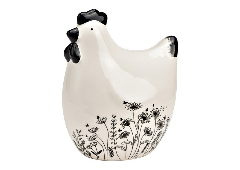 Poulet avec décor de prairies fleuries en céramique noire, blanche (L/H/P) 10x13x7cm