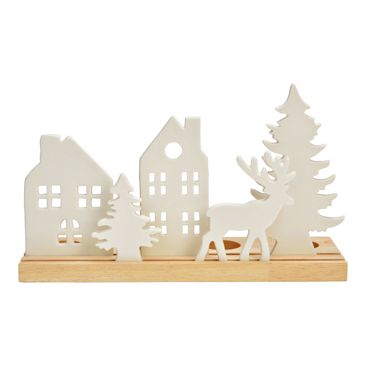 Adventsgesteck Haus/Baum/Hirsch Dekor aus Porzellan/Holz, Weiß (B/H/T) 30x18x10cm
