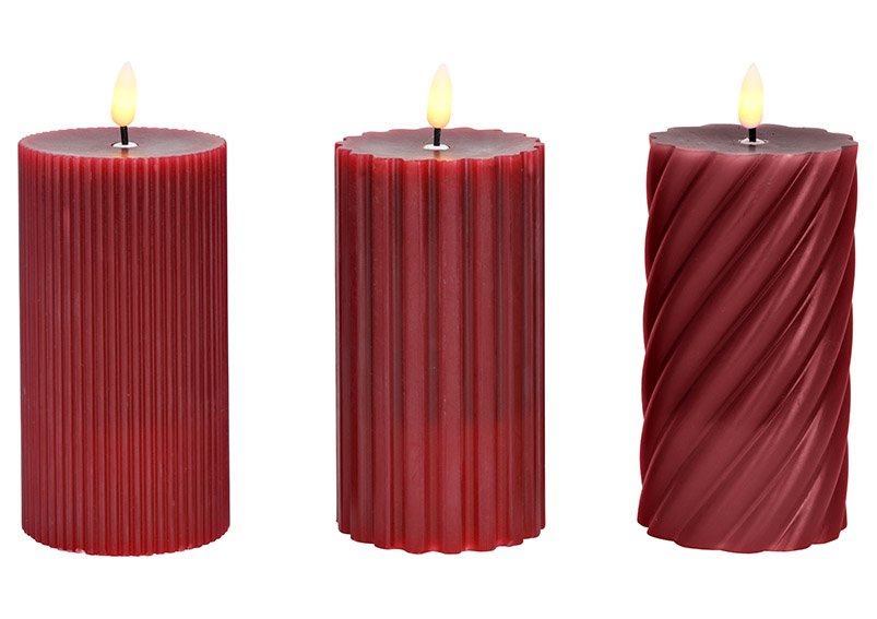 Candle LED warm white wick flame, 2xAAA not Incl. from wax red 3-fold, (W/H/D) 7x13x7cm