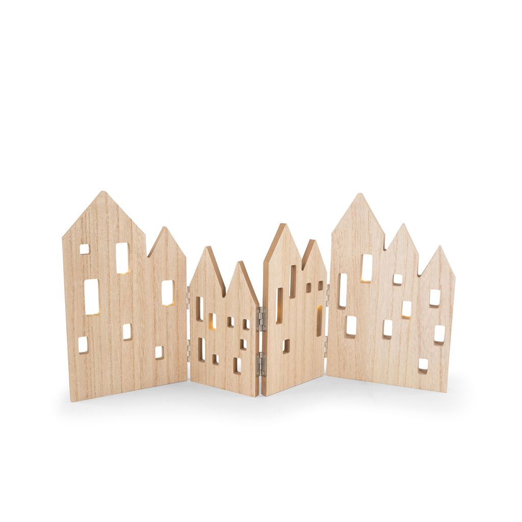 Maisons pliantes, LED, avec minuterie, (2xAAA, non incl.), bois, 50x2x23,8cm, 1 pc, naturel Zaun, Holz, Sperrholz, Streikposten