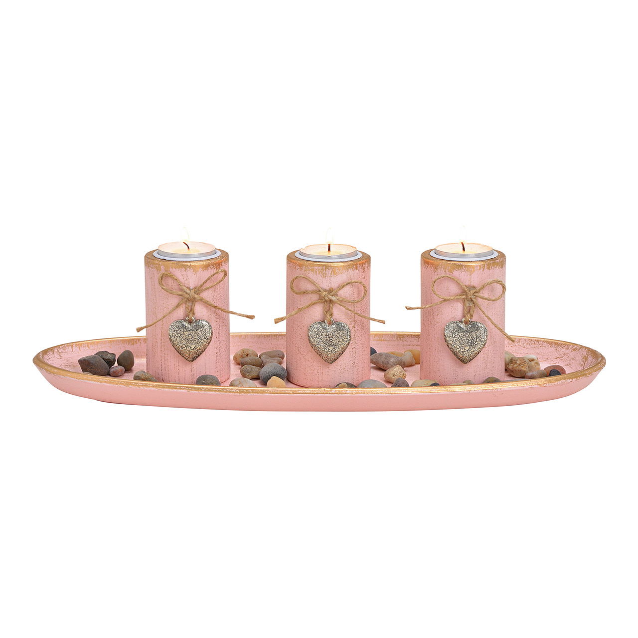 Porta tealight con pietre decorative in legno Set rosa/rosa, (L/H/D) 39x12x15cm