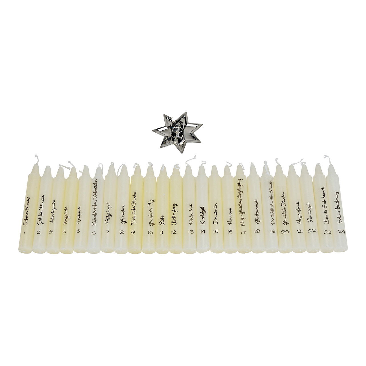 Adventskerzen 24er Set Kerzen mit Kerzenhalter 6x1,5x6cm Kerze 1,5x11x1,5cm aus Wachs weiß (B/H/T) 11x12x11cm Adventskerzen 24er Set Kerzen mit Kerzenhalter 6x1,5x6cm Kerze 1,5x11x1,5cm aus Wachs weiß (B/H/T) 11x12x11cm