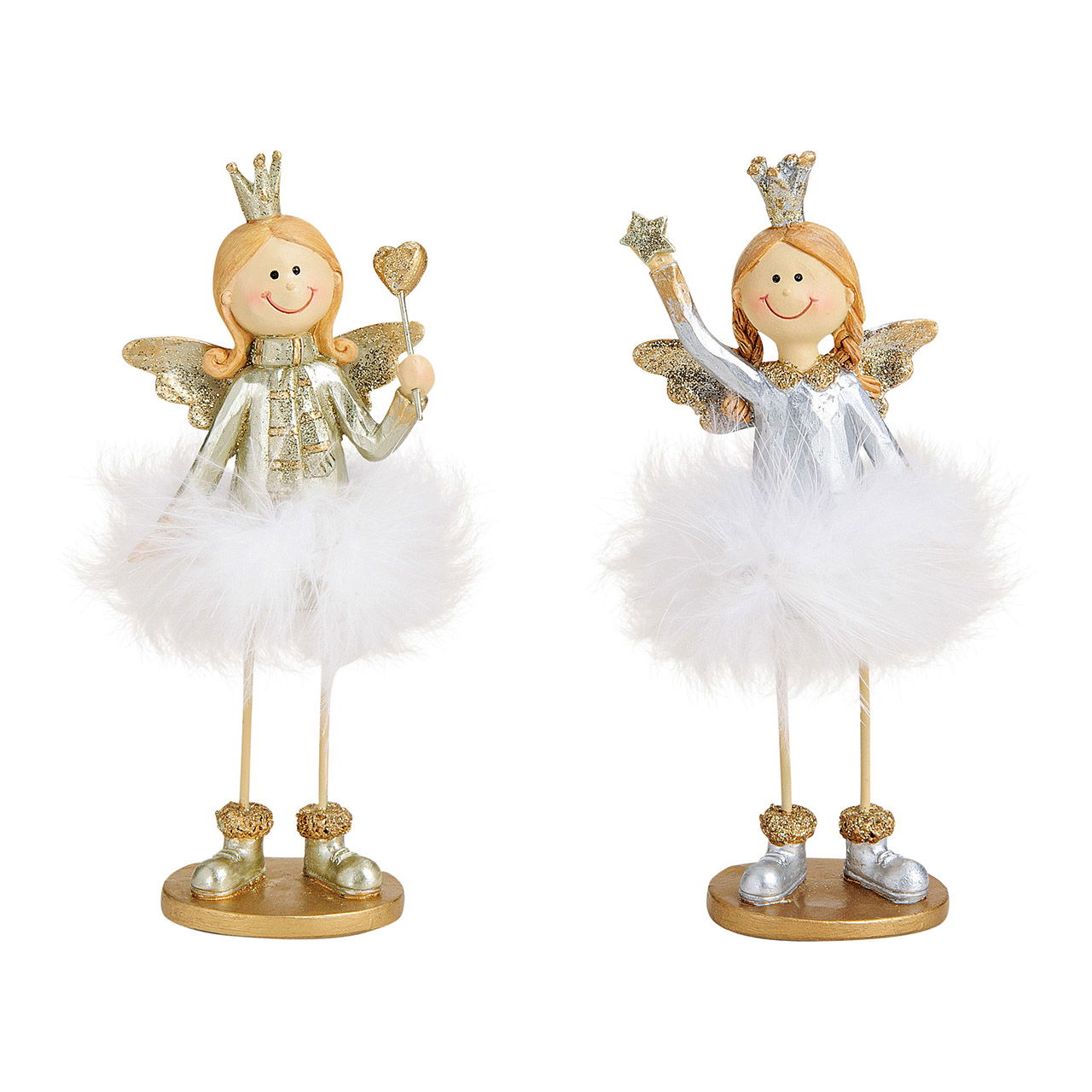 Angel with heart, star, feather skirt, gold, silver color, polyresin, 2 asst, 7x16x4cm