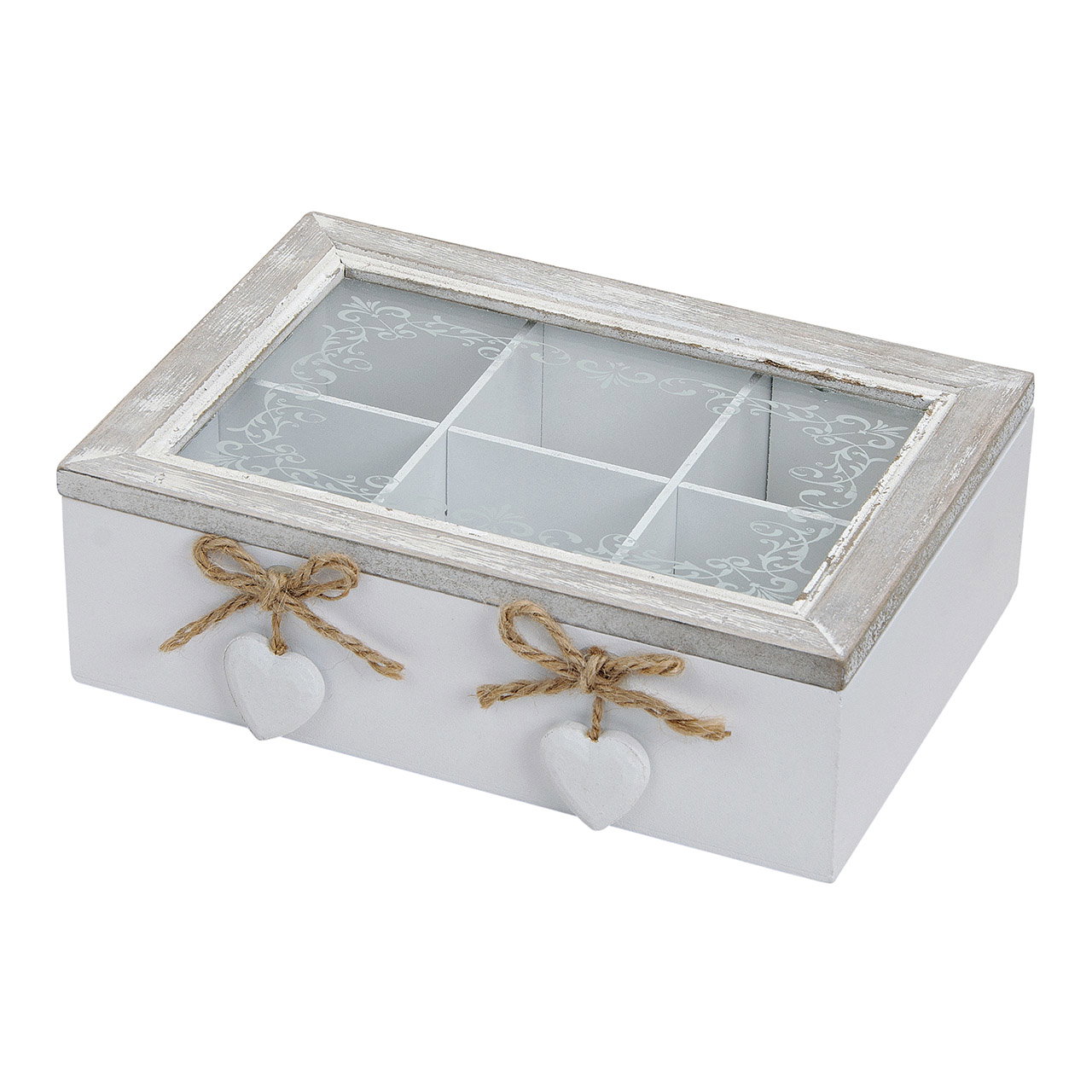 Aufbewahrungsbox aus Holz und Glas, B22 x T18 x H7 cm Schmuckbox, Holzbox, Herzschatzkasten, Glasdeckelbox, Dekobox mit Herzen