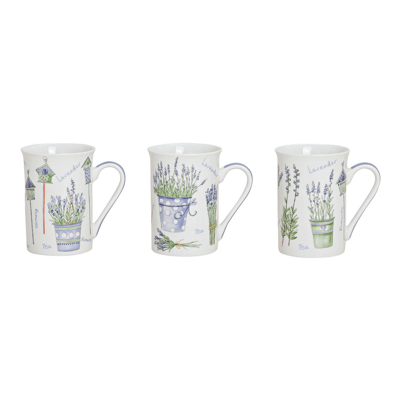 Taza decoración lavanda de porcelana, 3 surtidas, 10 cm, 250 ml