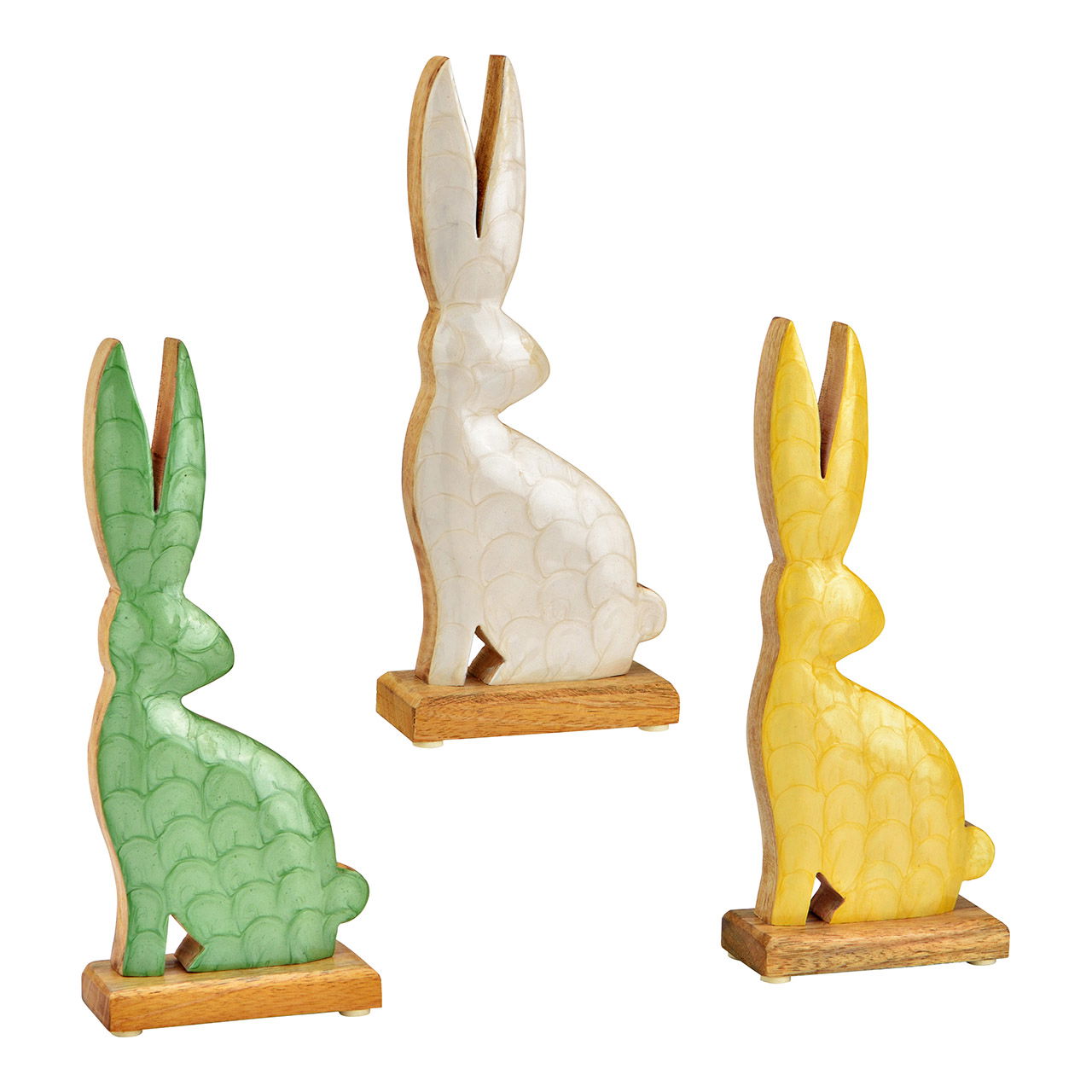 Aufsteller Hase aus Mangoholz, 3-fach, Gelb/Weiß/Grün (B/H/T) 11x26x5cm Spielzeug, Tier, Säugetier, Hase