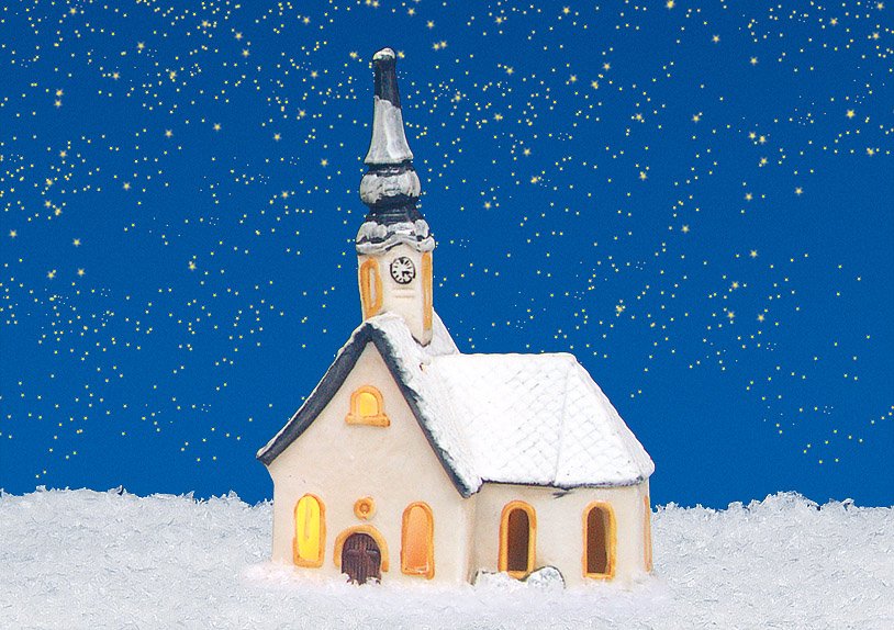 Windlicht.-Haus Kirche mit Schnee aus Porzellan, B13 x T9 x H20 cm, 56931 mit Schnee