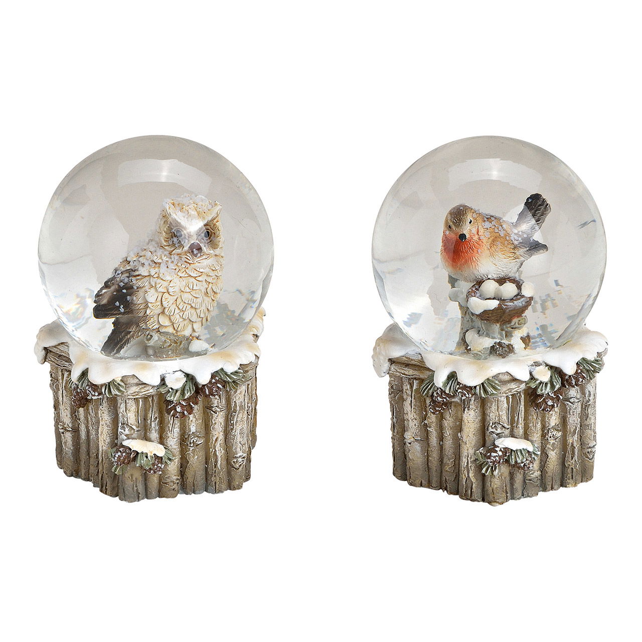 Boule à neige oiseau, hibou décor en poly, verre gris double, (L/H/P) 5x7x5cm