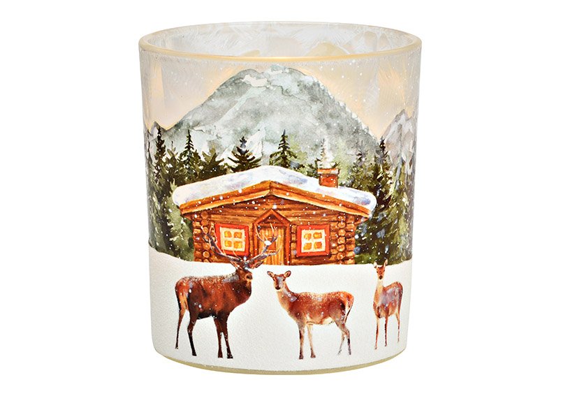 Wind light tea light holder deer winter forest decor made of glass colorful (W/H/D) 9x10x9cm