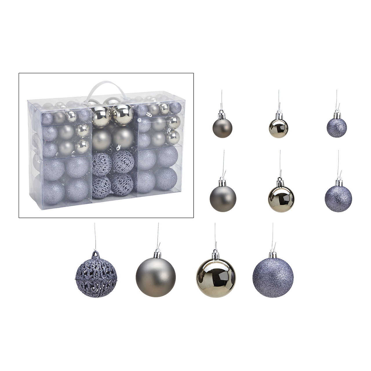 Baubles natalizi in plastica, set di 100, grigio Ø3/4/6cm (L/A/D) 35x23x12cm