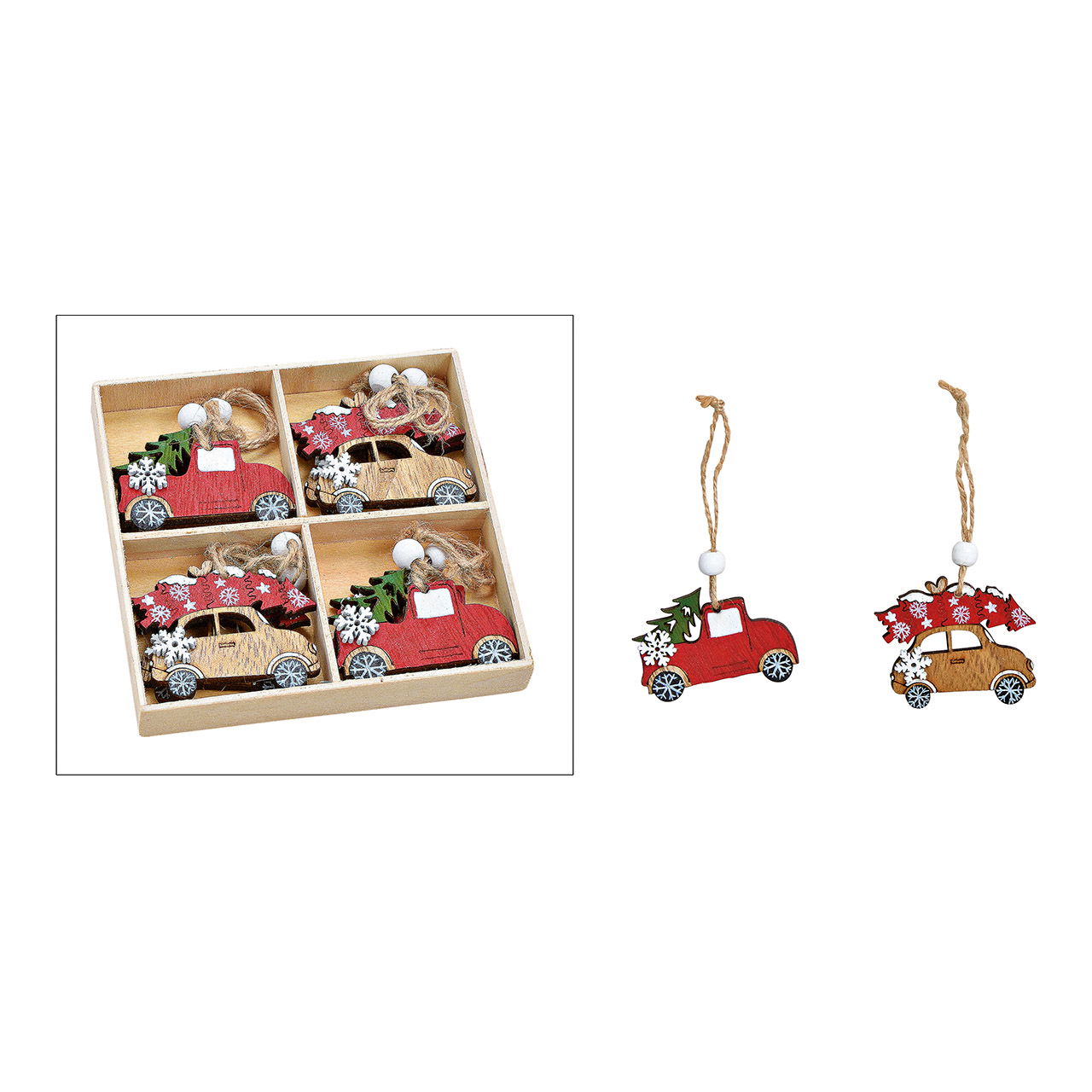 Set de suspensions voiture de Noël (L/H/P) 6x5x0.5 cm, en bois Rouge, marron Set de 8