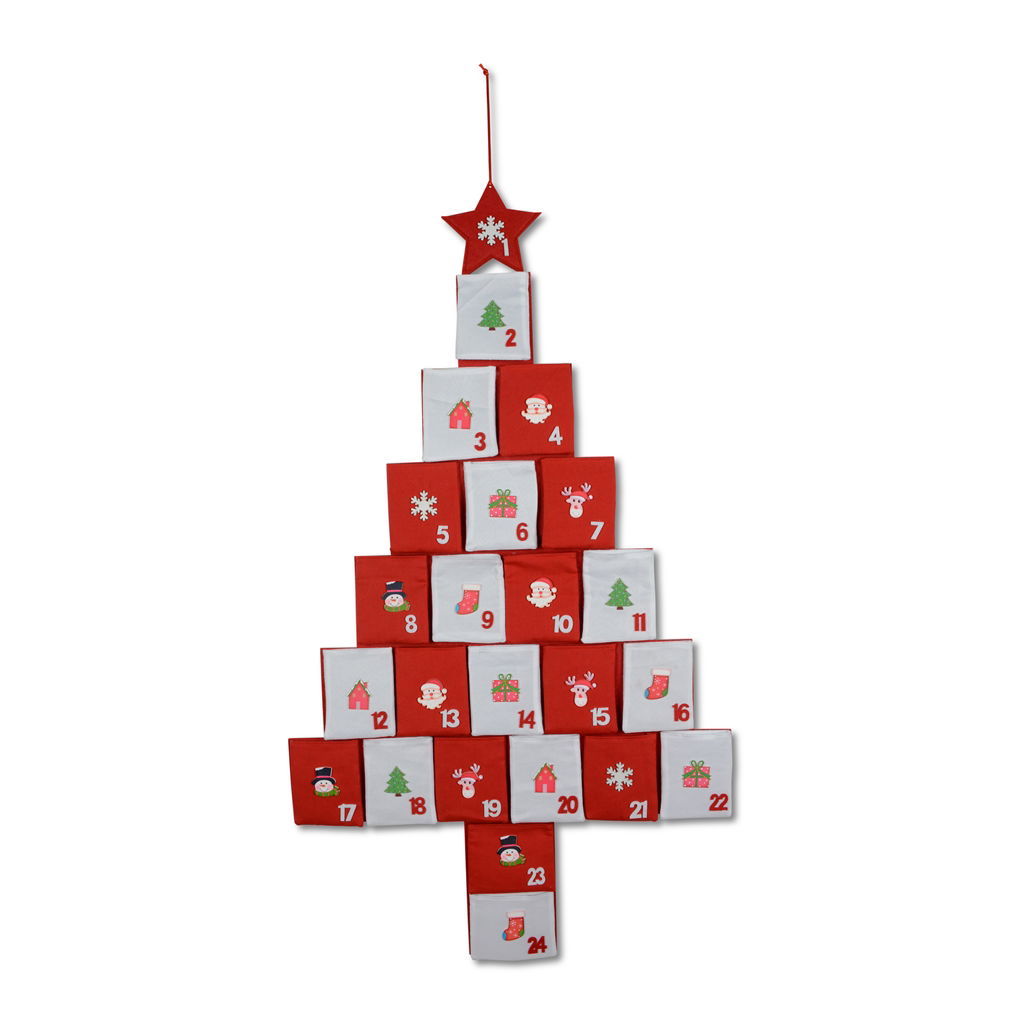 Adventskalender Baum mit Holzornamenten. Filz. 54x96 cm. 1 Stck. rot-weiß
