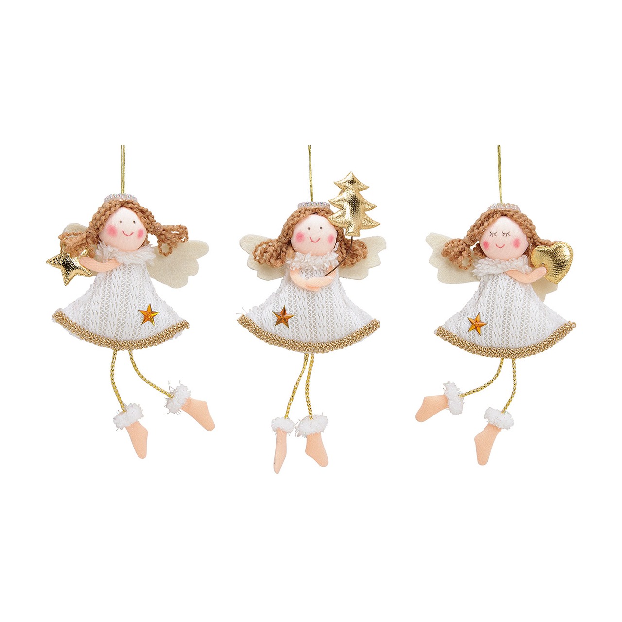 Kersthanger engel van stof, 3-voudig, goud/wit (B/H/D) 10x15x2cm Weihnachtsanhänger, Engel-Figuren, Strickkleid, Weiß und Gold, Set aus drei