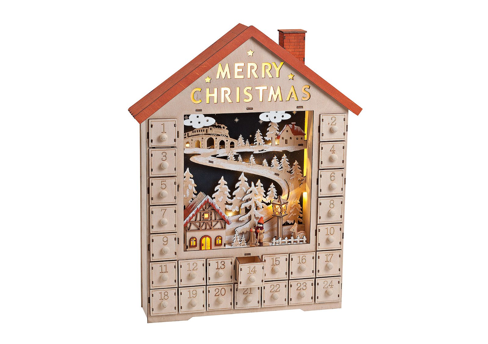Advent calendar w.lighting house wood 38x9x49 cm