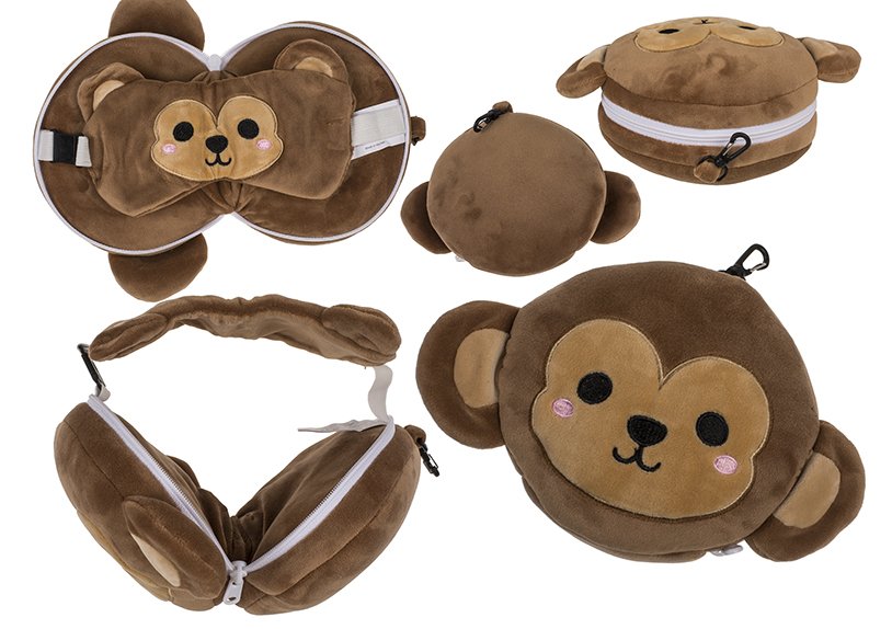 Children plush travel pillow with eye mask monkey from textile brown (W/H/D) 13x22x10cm