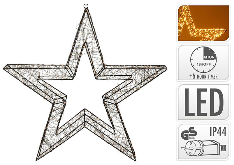 Étoile lumineuse 2400 LED blanc extra chaud avec minuterie 6/18, adaptateur IP44 en plastique blanc (L/H/P) 70x70x8cm