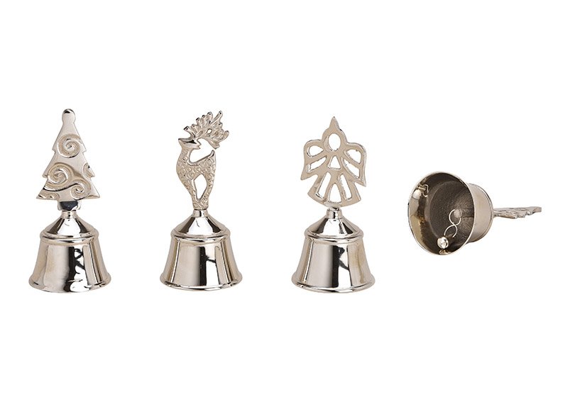 Glocke, Tischglocke Tannenbaum, Engel, Hirsch aus Metall Silber 3-fach, (H) 12cm Ø5,5cm
