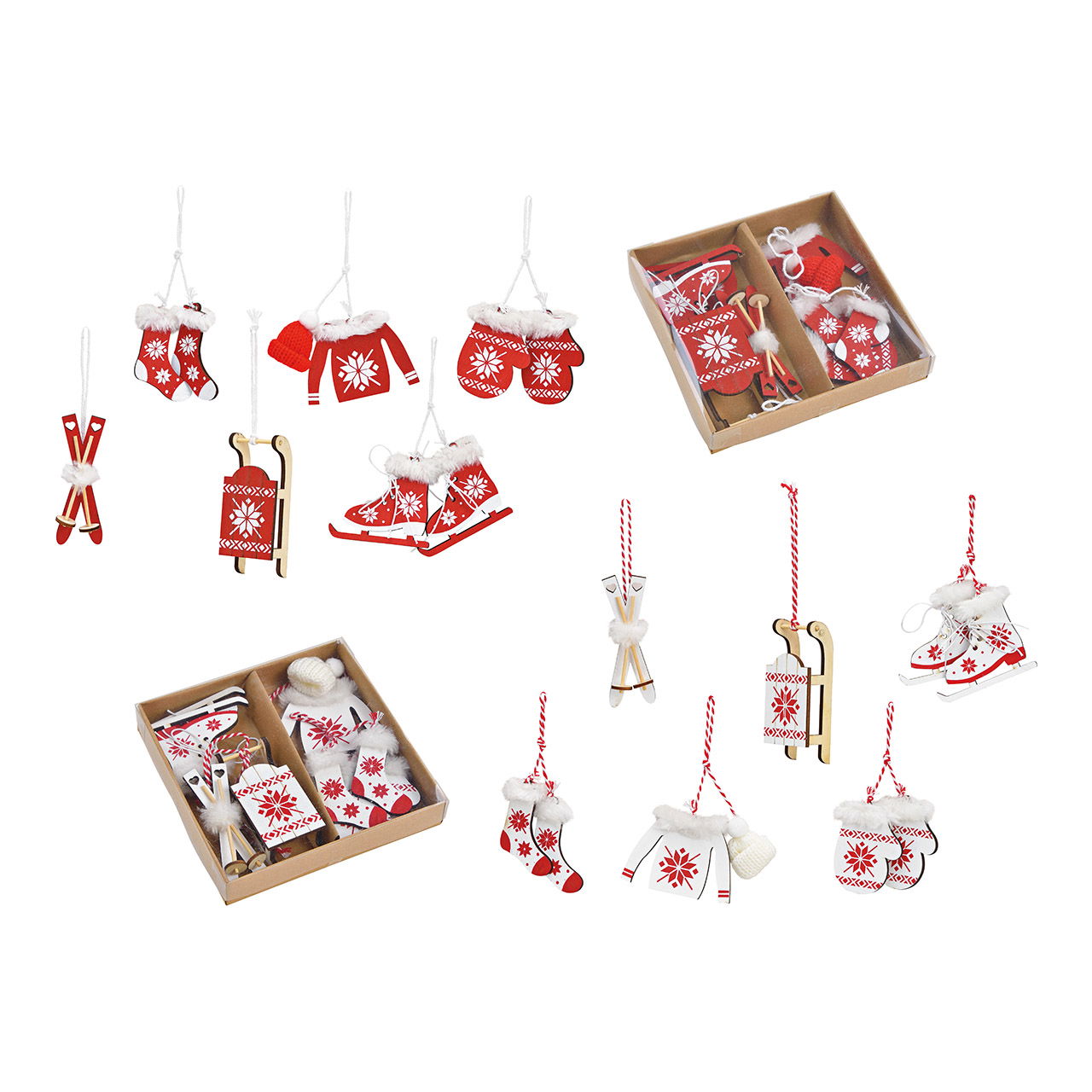 Set di appendini natalizi, slitta, pattini da ghiaccio, sci e accessori 6-10 cm in legno rosso, bianco set di 6, 2, (L/H/D) 16x16x2cm