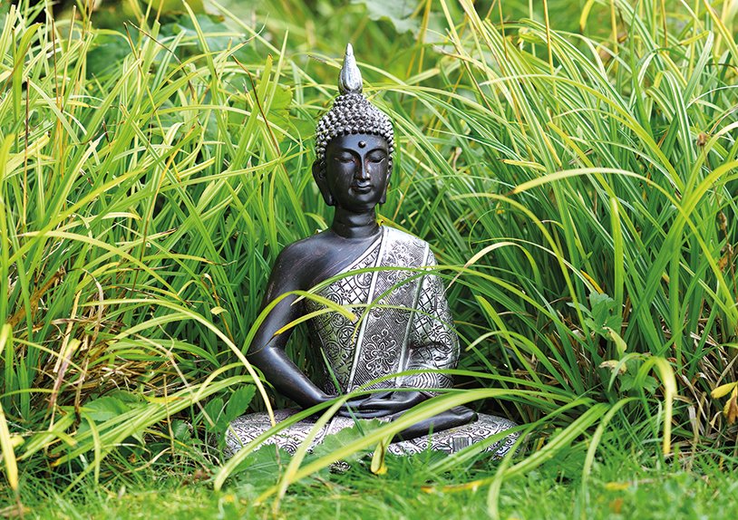 Bouddha assis argenté en poly, 29 cm