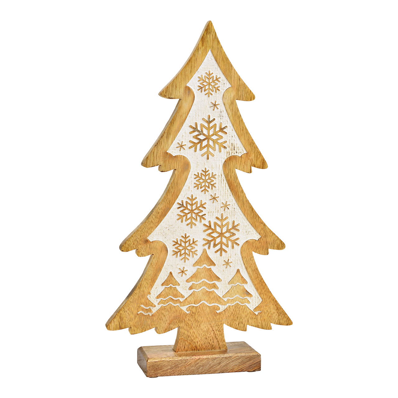 Display dennenboom, sneeuwvlokdecor van natuurlijk mangohout, wit (B/H/D) 23x42x6cm