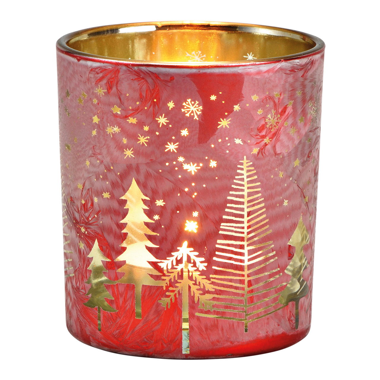 Windlicht Tannenbaum Dekor aus Glas Rot, gold (B/H/T) 7x8x7cm