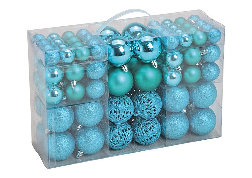 Xmas ball set of 100, plastic, turquoise (b/h/t) 35x23x12cm ø3/4/6cm