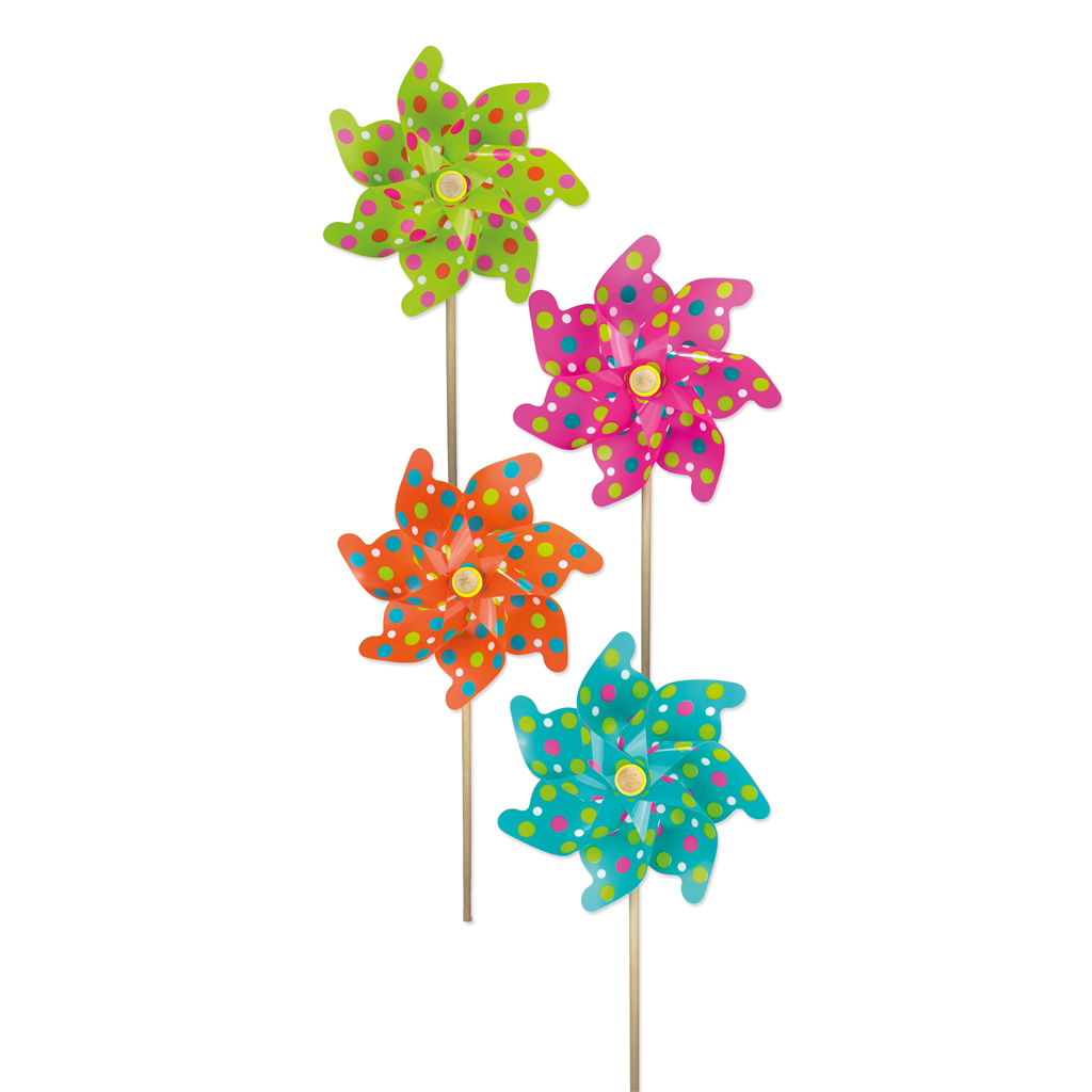 Mulino a vento con punti. Plastica. 31 cm. 1 pz..4 colori (arancione, rosa, verde, blu) assortiti.