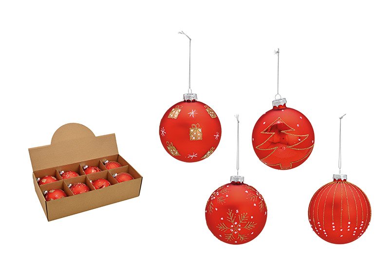 Boule de Noël avec paillettes or, motif de Noël en verre rouge, 4 fois, (L/H/P) 10x10x10cm Ø10cm