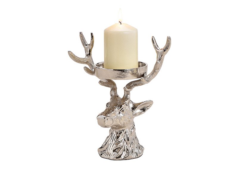 Candle holder, deer head, alu, silver, 19x20x12cm