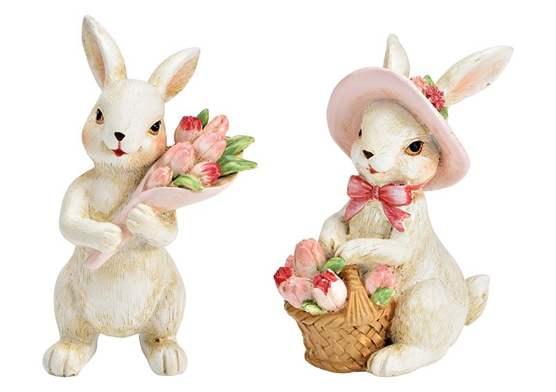 Bunny with tulip bouquet / basket of poly white 2-fold, (W/H/D) 7x12x6cm
