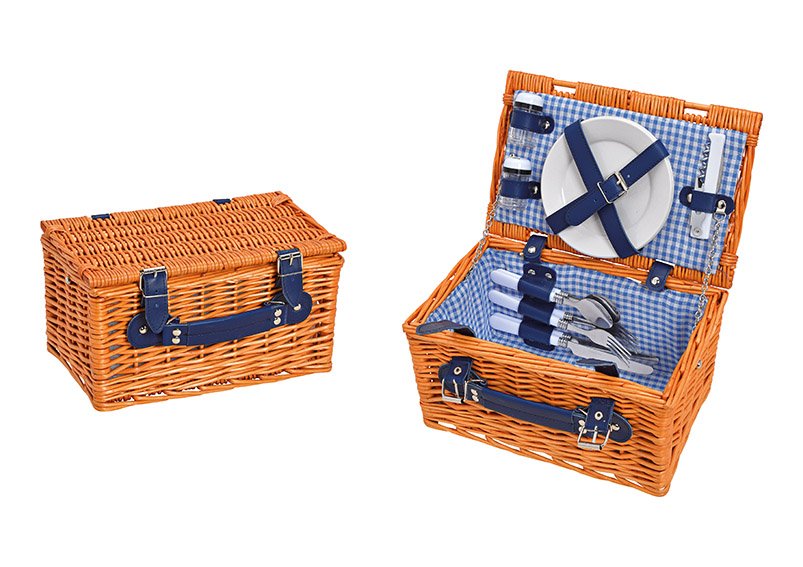 Picknick basket for 2 person, brown, blue, set of 12 pcs, 30x16x19cm