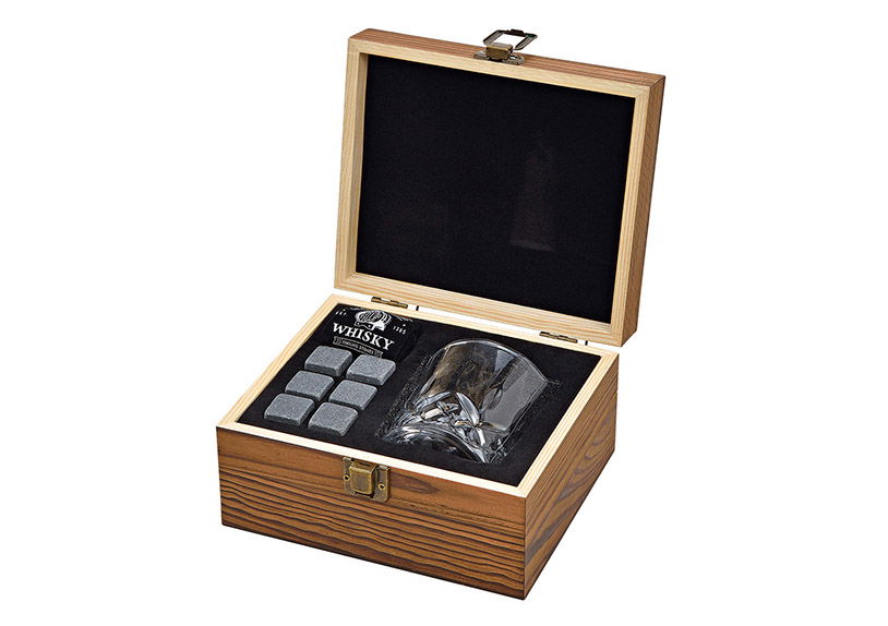 Set di pietre da whisky, cubetti di ghiaccio in pietra basaltica 2x2x2cm, bicchiere 9x8x9cm, 300ml, set grigio di 6, in scatola di legno (L/H/D) 18x10x16,6cm