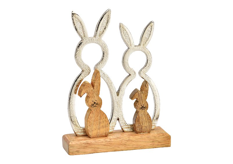 Supporto per famiglia di coniglietti in metallo argentato su base in legno di mango (L/H/D) 12x16x4cm