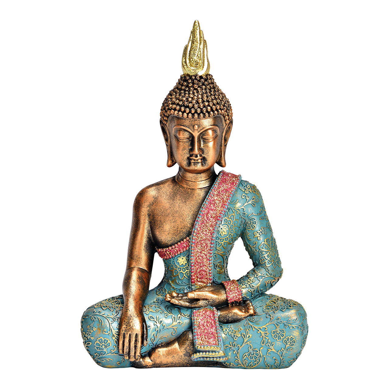 Bouddha en poly turquoise, or (L/H/P) 17x26x10cm Bouddha en poly turquoise, or (L/H/P) 17x26x10cm