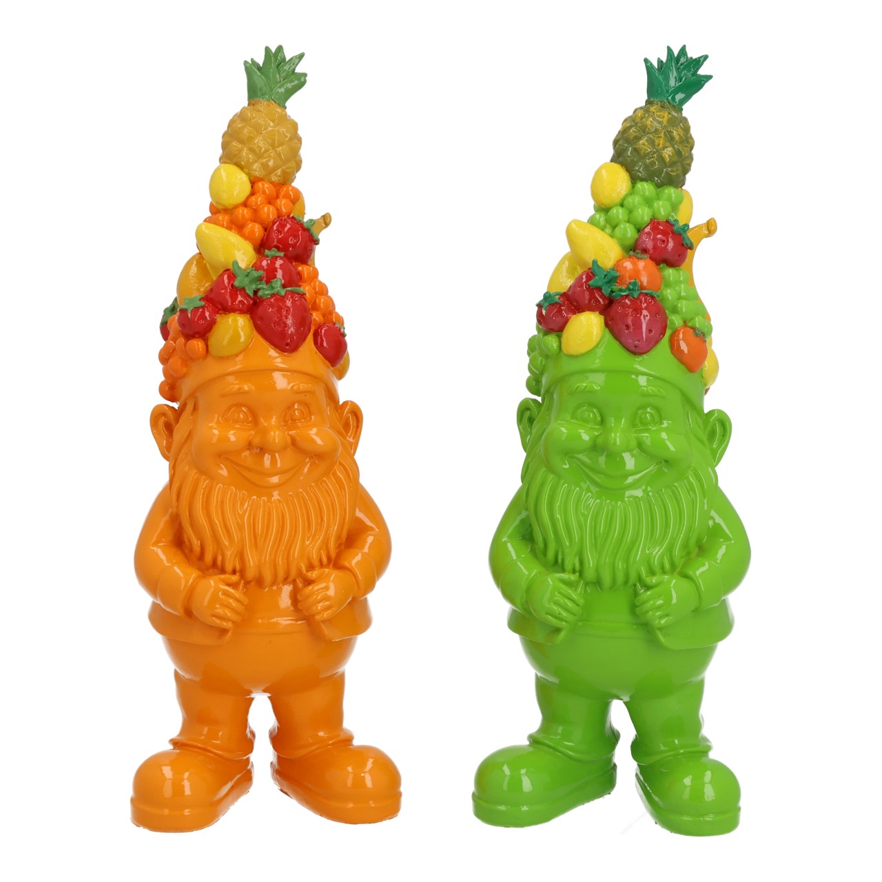 Krasnal ogrodowy z polietylenu, zielono-pomaranczowy, zestaw 2 sztuk (szer./wys./gl.) 11x29x11 cm Gnome, Fruchtkronenfigur, Früchtekrone, Kunststofffigur, Spaßdekoration