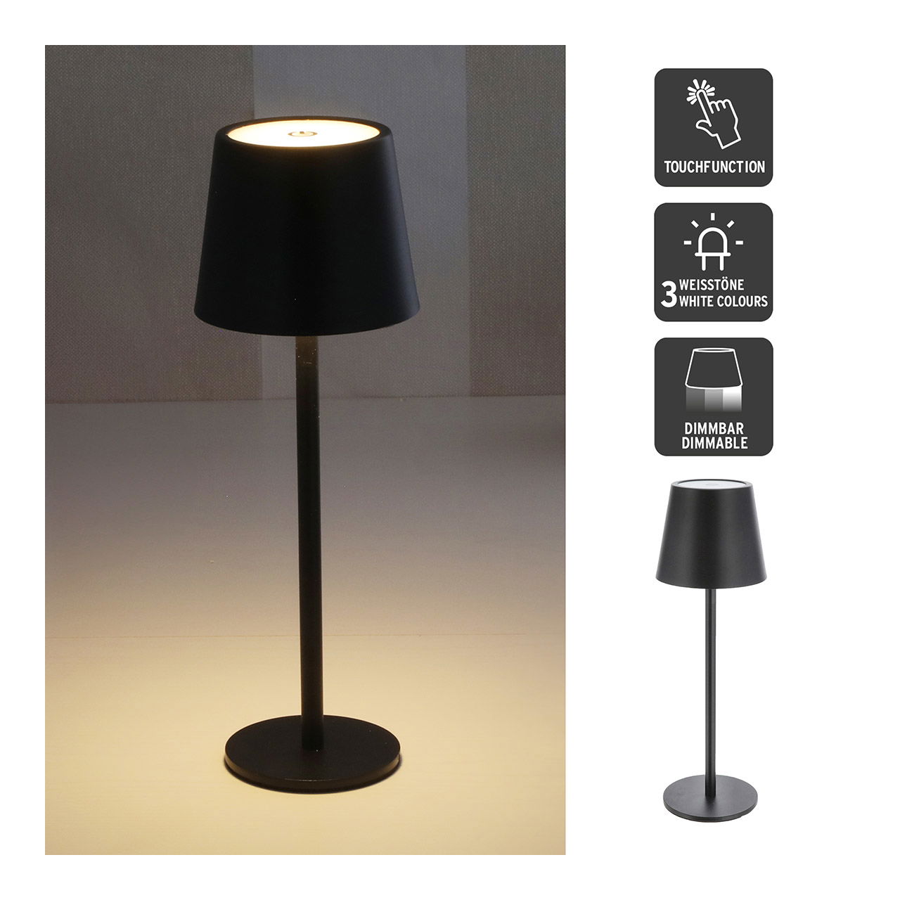 Lampada da tavolo a LED in metallo nero (L/H/D) 9x26x9cm, USB, ferro, 48LED, dimmerabile all'infinito, 3 tonalità di bianco, freddo, caldo, bianco puro, cavo di ricarica da USB a USB C da 1m, max. 45 lumen, tempo di ricarica 1-2 ore, tempo di illuminazion