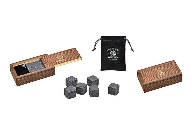 Set di pietre da whisky, cubetti di ghiaccio in pietra basaltica 2x2x2cm Grigio set di 6, in scatola di legno (L/H/D) 10x6x3cm