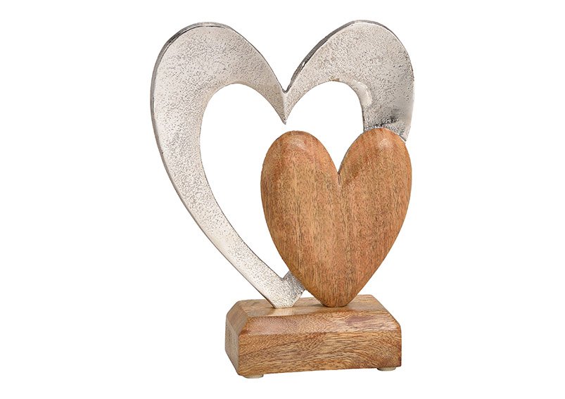 Heart metal, mangowood, silver brown, 16x21x6cm