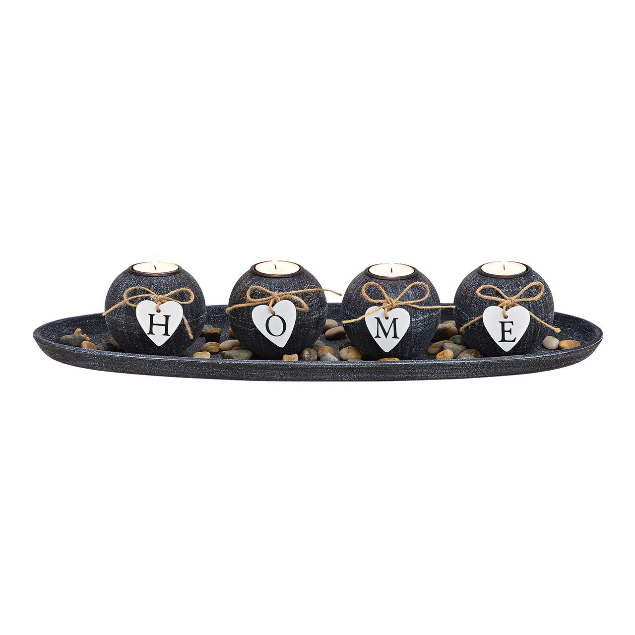 Tea light holder 4 on tray with stones HOME, made of MDF black (W/H/D) 50x10x18cm Tea light holder 4 on tray with stones HOME, made of MDF black (W/H/D) 50x10x18cm