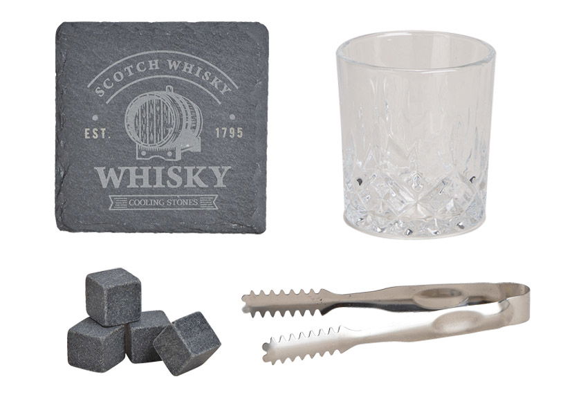 Whisky Set, Eiswürfel aus Basalt Stein 2x2x2cm, 1 Glas 9x8x9cm, 300ml, 1 Zange , aus Glas Transparent 8er Set, (B/H/T) 14x20x11cm