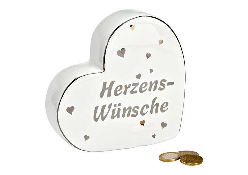 Spardose Herz, Herzens-Wünsche, aus Keramik weiß (B/H/T) 16x15x5cm