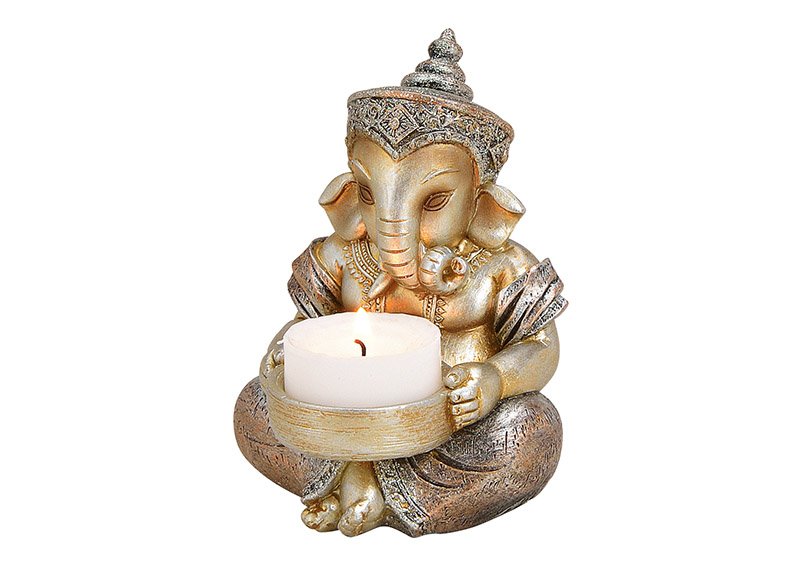 Ganesha with tea light holder made of poly champagne (w / h / d) 8x11x8cm