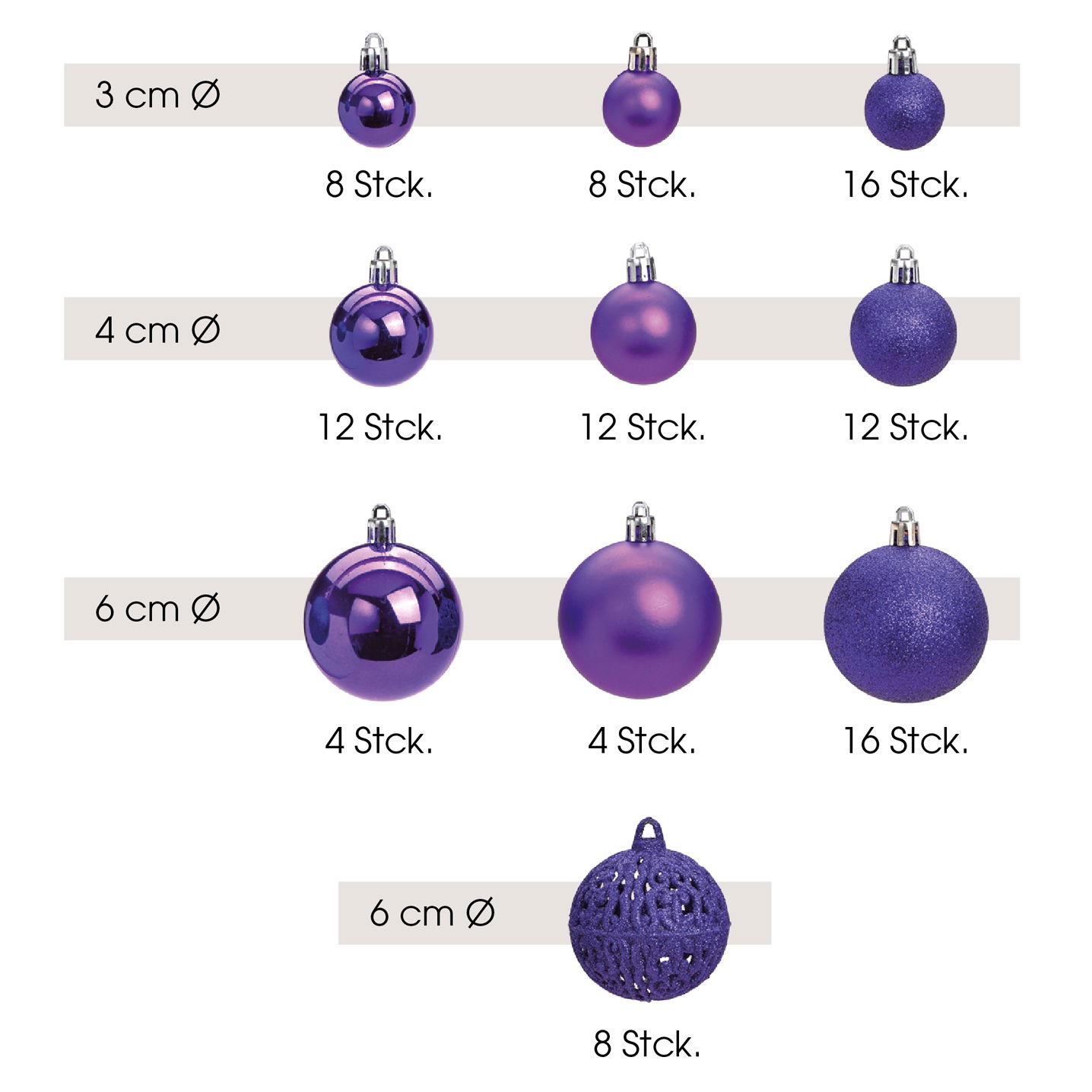 Xmas ball set of 100, plastic, lila, 35x23x12cm ø3/4/6cm