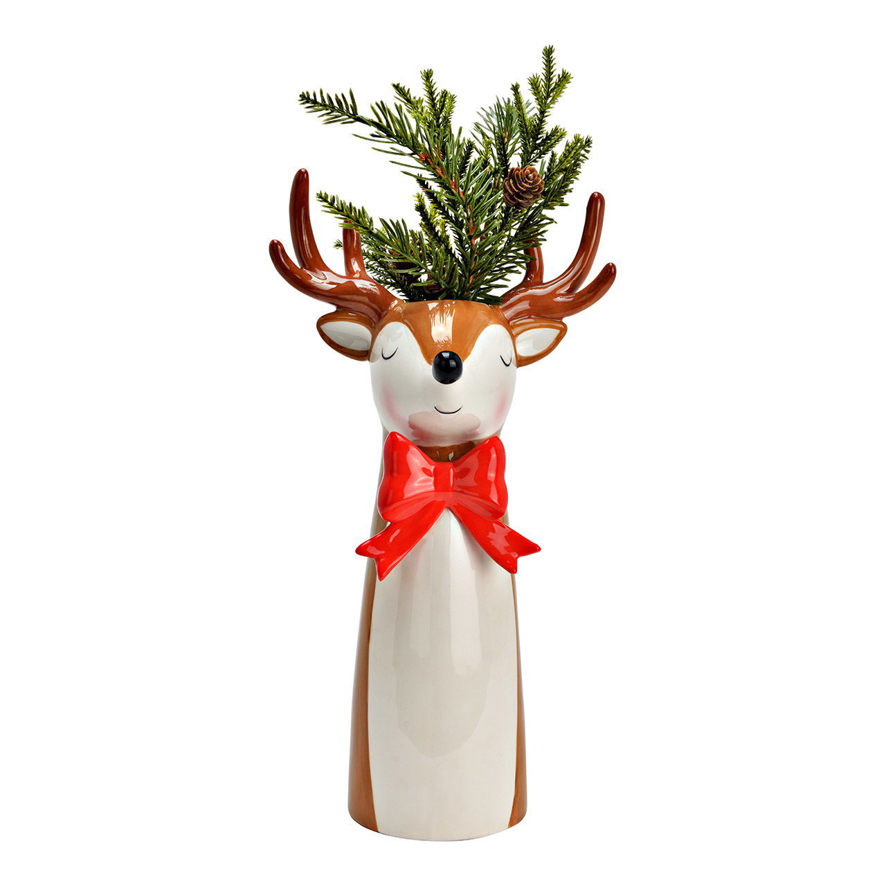 Vase deer with bow made of ceramic, brown (W/H/D) 18x35x14cm