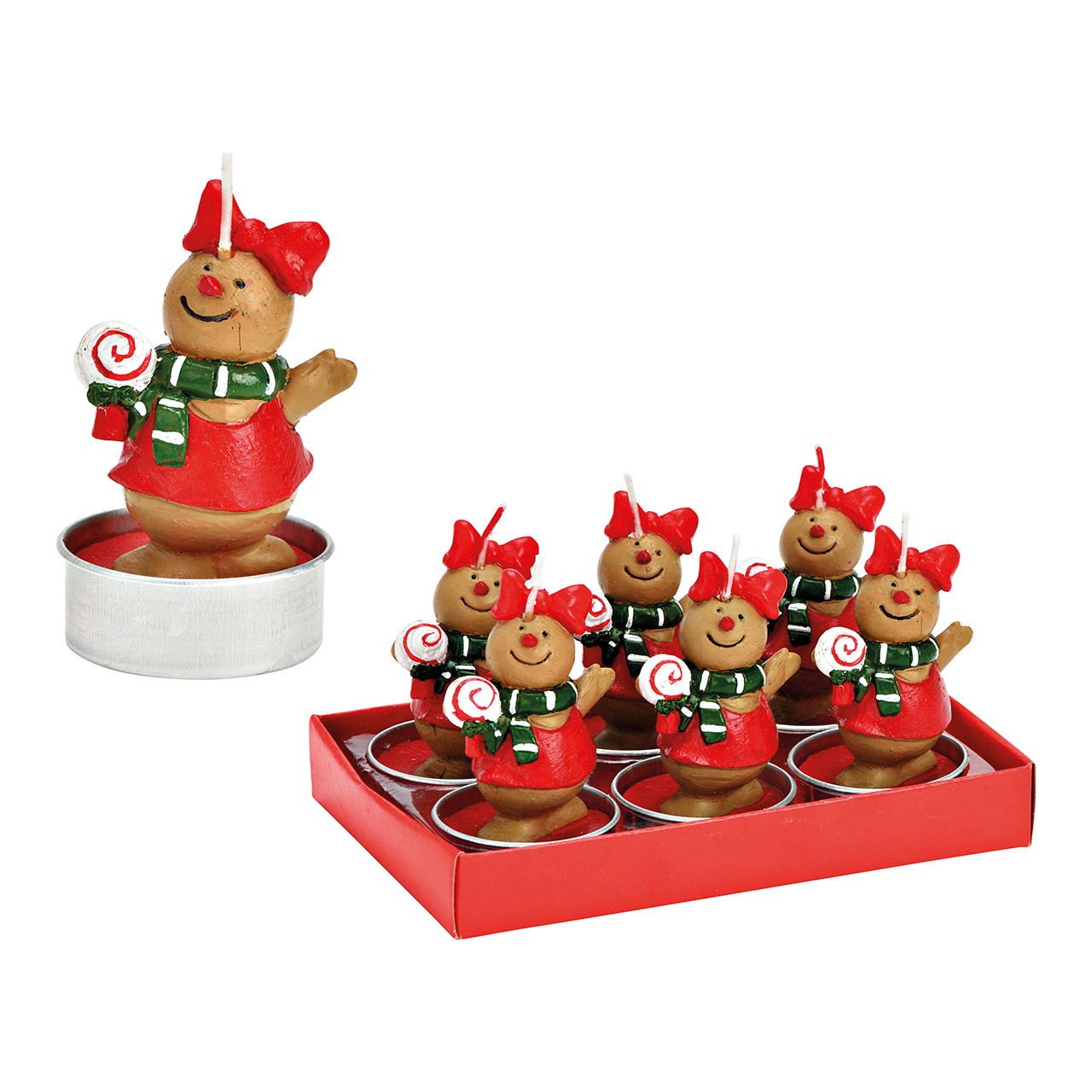 Teelicht-Set Lebkuchenfigur mit Lolli 4x7x4cm 6-er Set, aus Wachs rot (B/H/T) 14x8x9cm