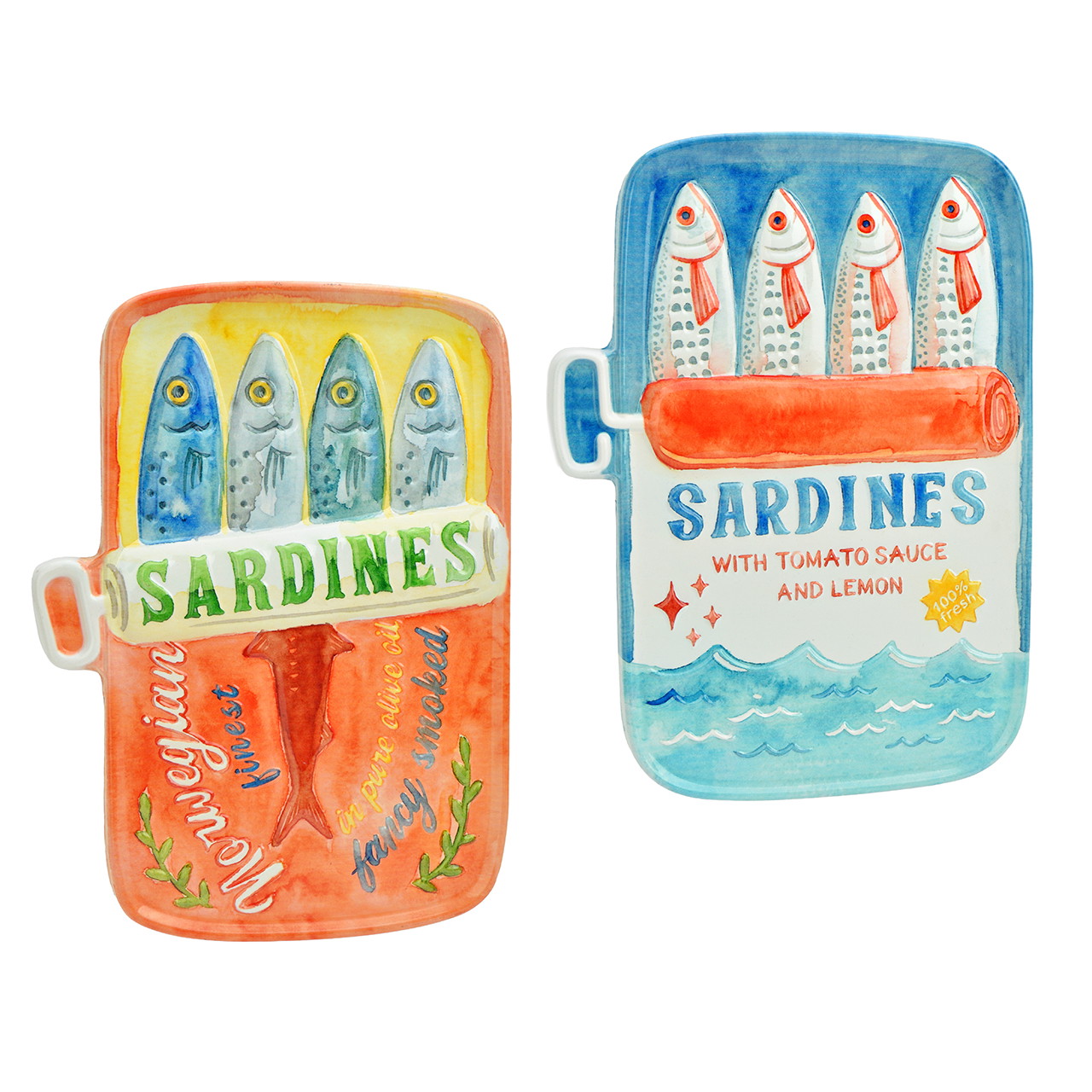 Sardinen Schild aus Metall Orange/Blau 2-fach sortiert (B/H/T) 30x1,5x41cm Sardinen, Dosenlabel, Fischkonserve, Meeresfrüchte-Dose, Blaues Orangen-Design