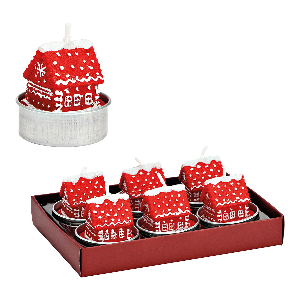 Theelicht set huis set van 6, gemaakt van rode wax (B/H/D) 4x4x4cm